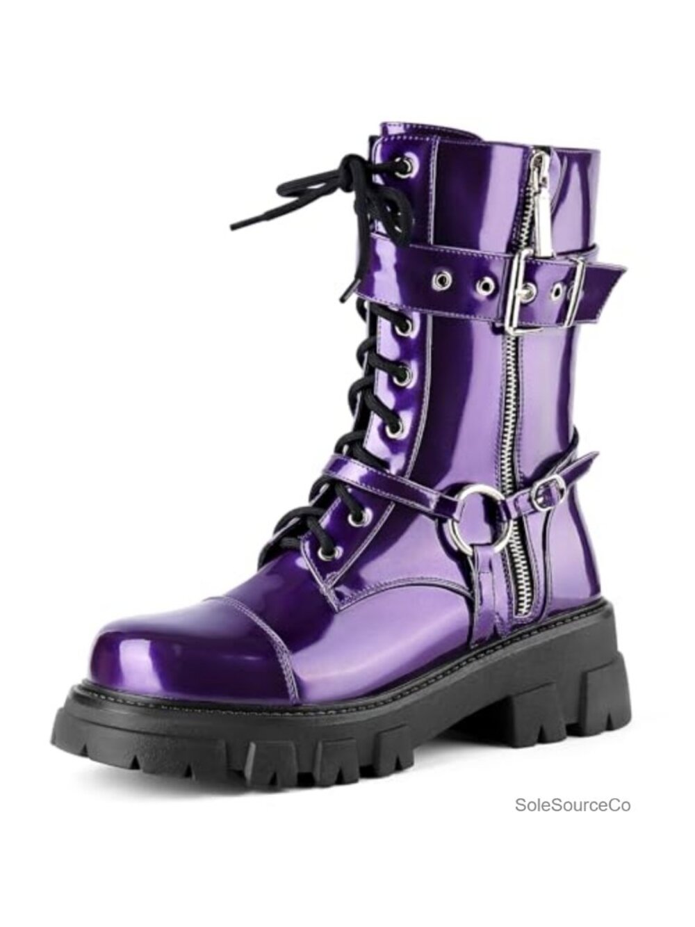 Women's Motorcycle Harness Combat Boots Mid Calf Goth Lug Sole Lace Up Side
